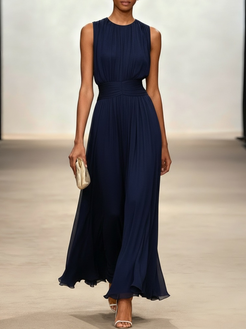 FEHAUTE Navy Ruched Chiffon Sleeveless A-Line Maxi Dress Size 4